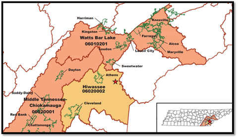 Map of the Porterhouse Valley Mitigation Bank service areas in eastern Tennessee - Hiwassee (HUC 06020002), Watts Bar Lake (06010201) and Middle Tennessee–Chickamauga (06020001)