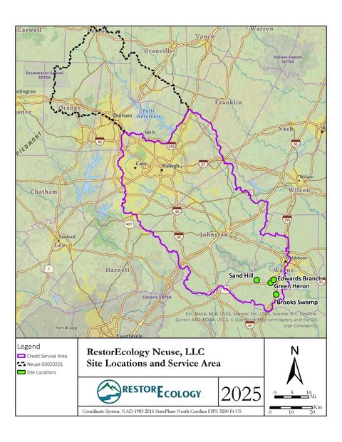 Map of the Neuse River credit service area (HUC 03020201, excluding Falls Lake) with the Sand Hill, Edwards Branch, Green Heron and Brooks Swamp site locations in Wayne County